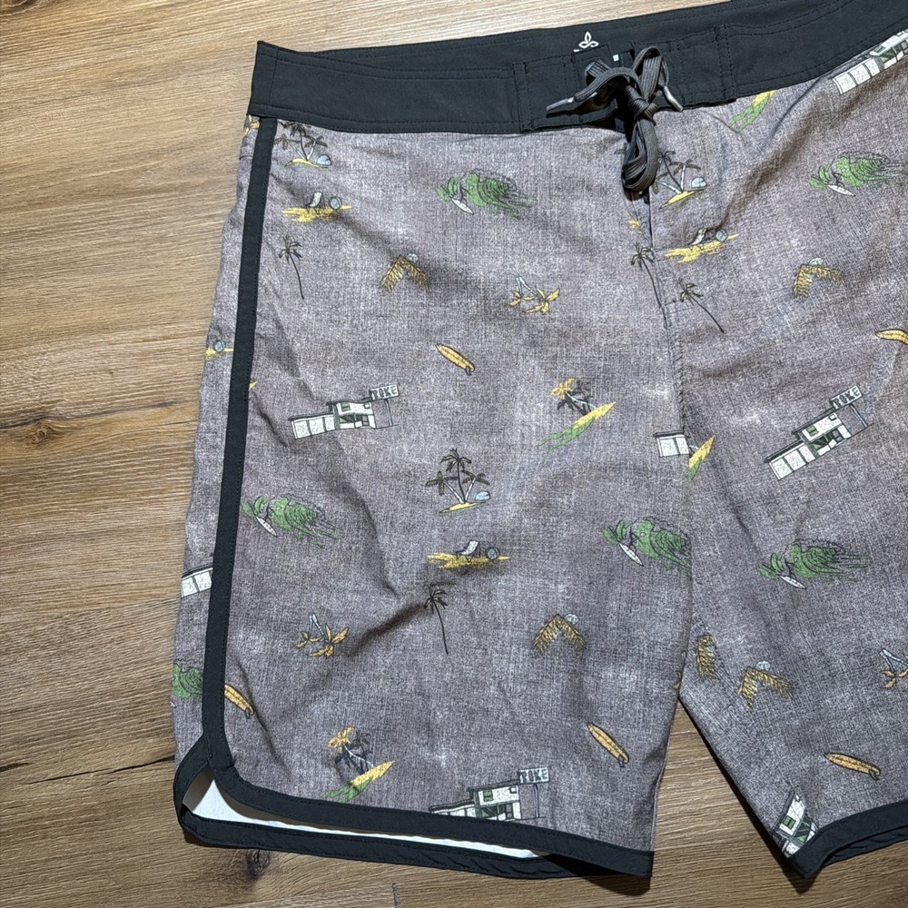 PRANA HIGH SEAS BOARD SHORTS SWIM TRUNKS MENS 34 Brown Black - Picture 2 of 10